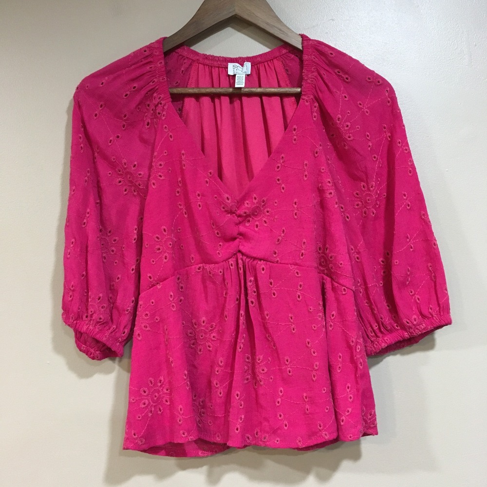 Y2K Babydoll Puff Sleeve Top Women L Pink Eyelet Blouse Sofia Jeans Boho Cottage